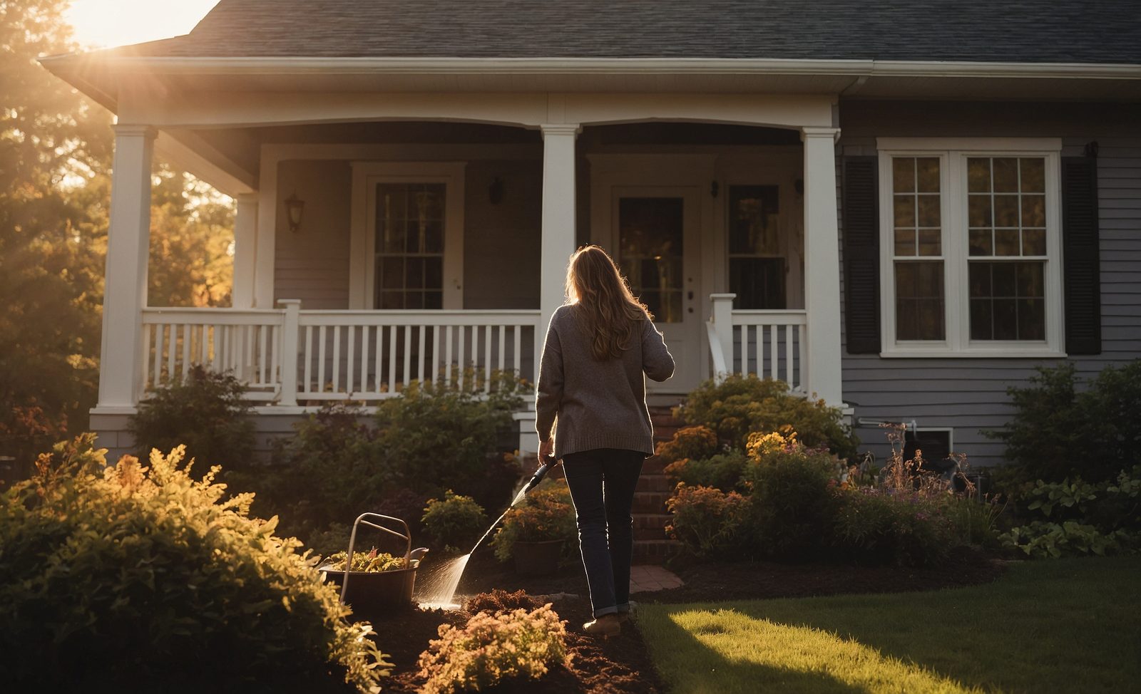 A homeowner in a cardigan watering a garden bed beside the porch of a house with new grey gutters