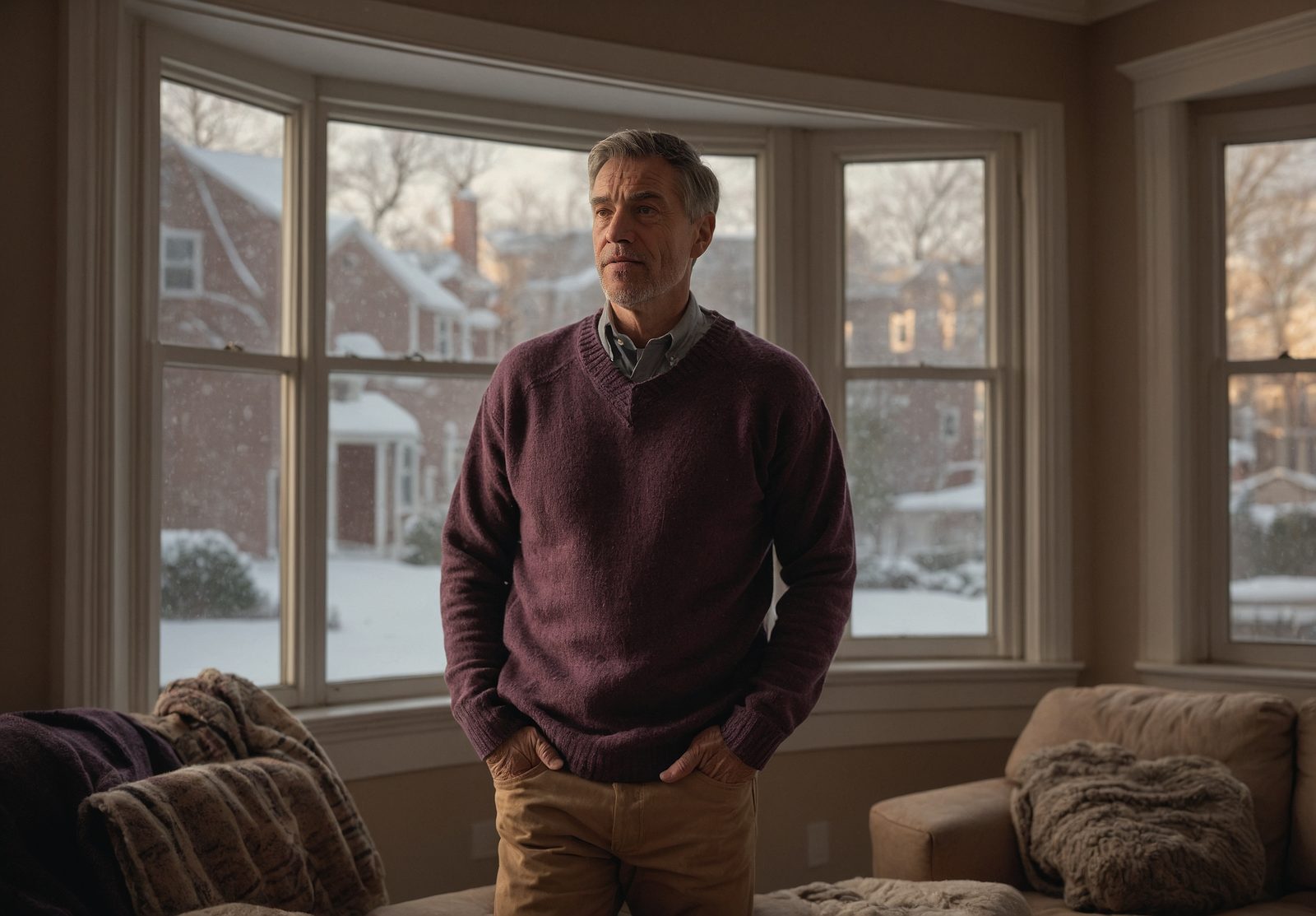 A homeowner in a knit sweater standing beside a new bay window, looking out at a snowy street