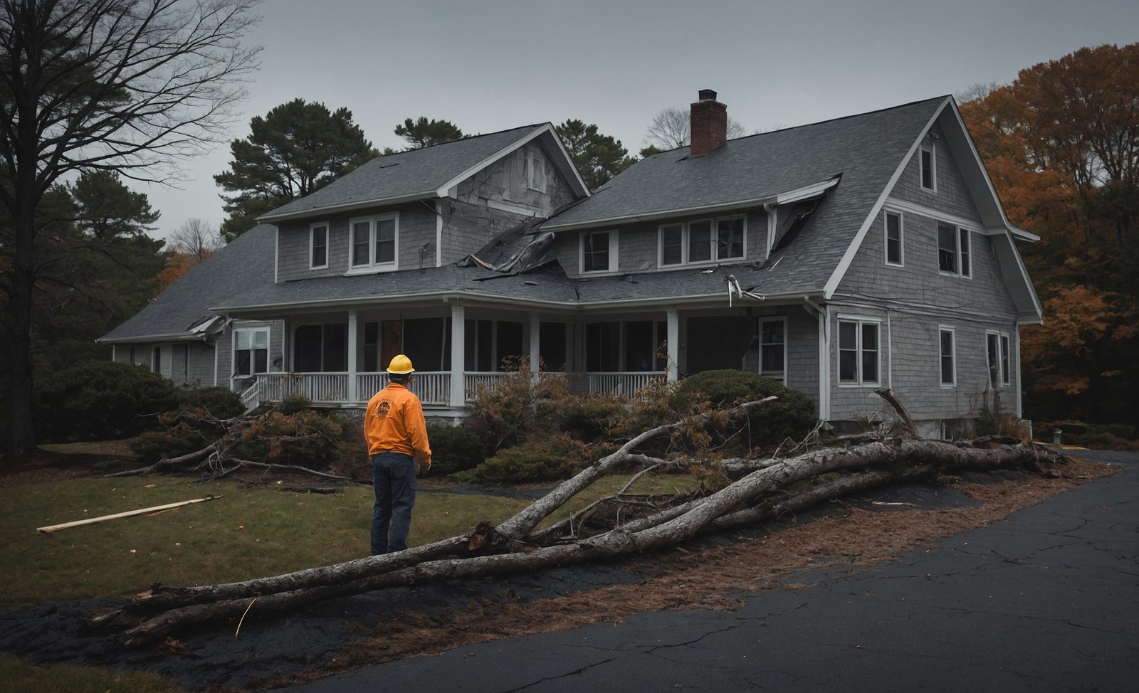 A roofer in a hard hat inspecting torn shingles and bent flashing on a steep roof after a storm