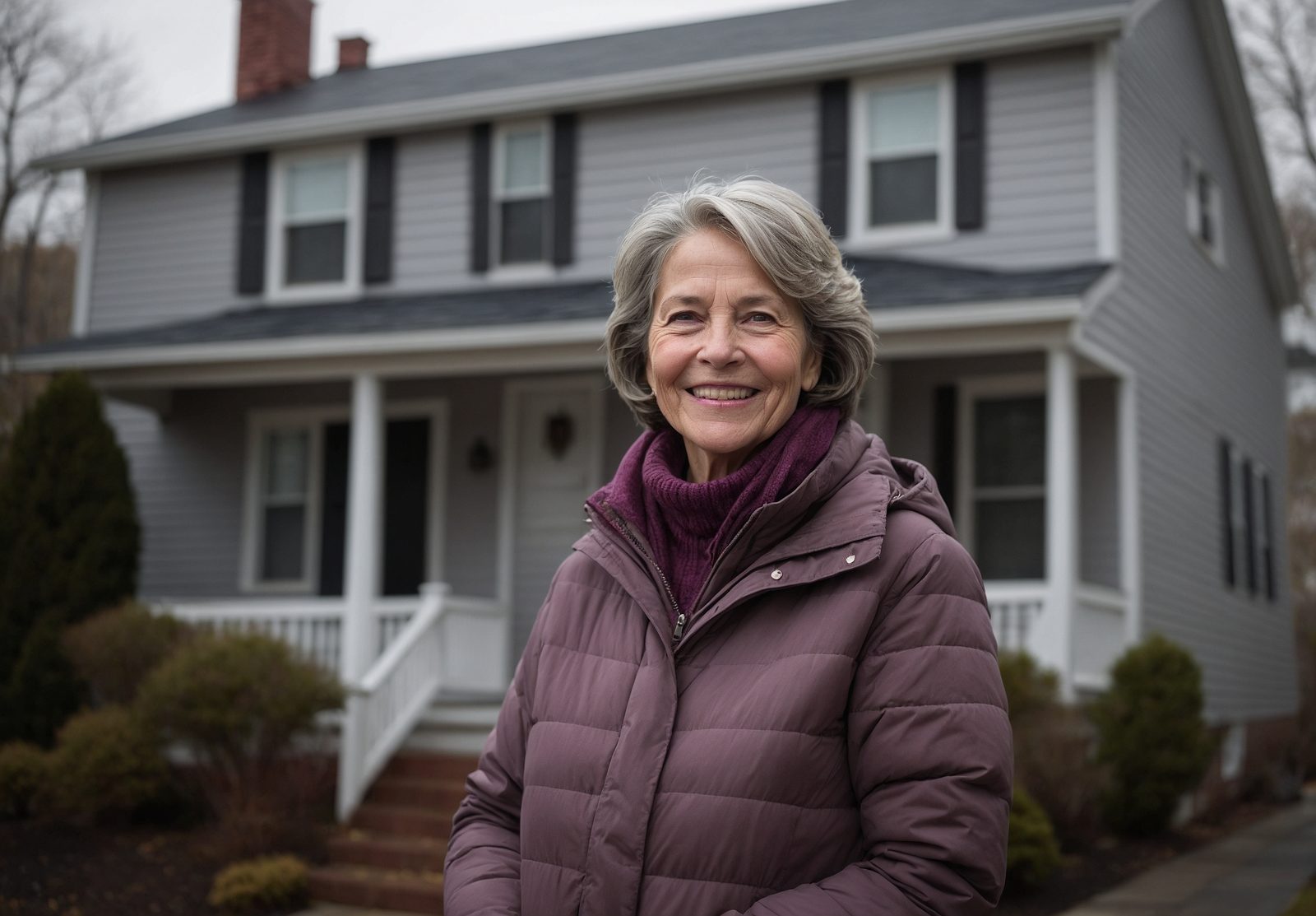 A smiling woman in her sixties standing on the front step of a two-storey house, with a dark asphalt roofline above her.