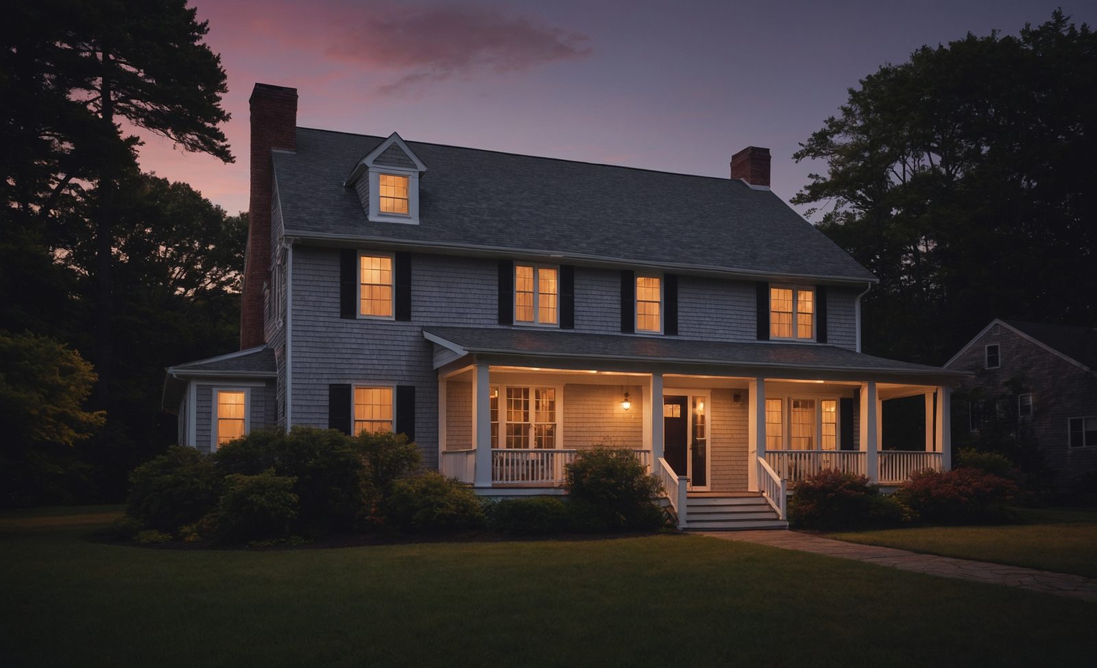 A two-storey Cape-style house at dusk with a fresh dark roof, new white gutters and a lit porch lantern.