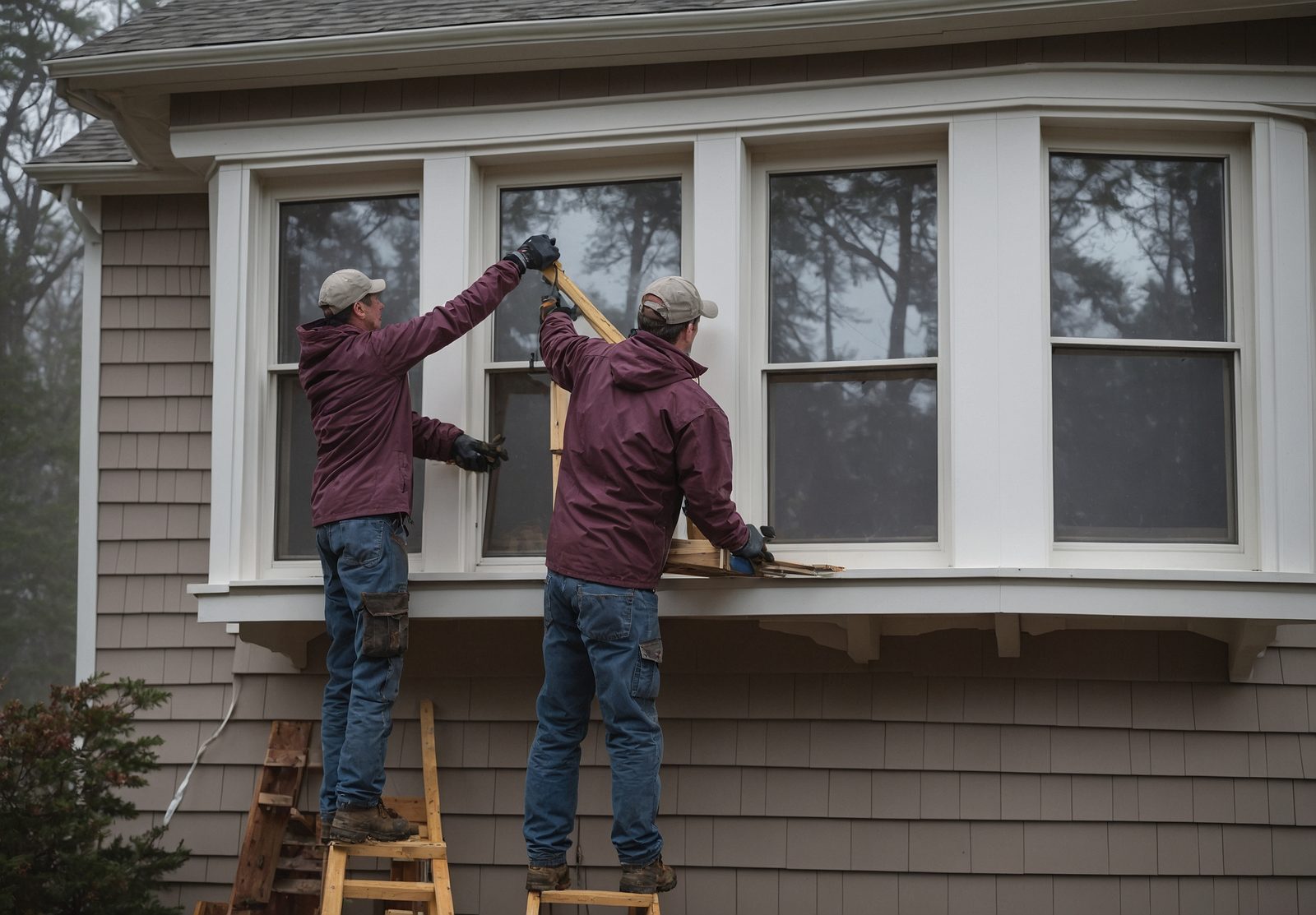 Two workers in gloves lifting a three-panel bay window unit into the front opening of a wood-frame house
